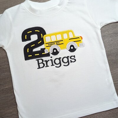 Boys Yellow Bus Birthday Shirt • Toddler Pre-School Top • Side View School Transportation Vehicle Tee • Custom Name Sewn Schoolbus T-Shirt - image3